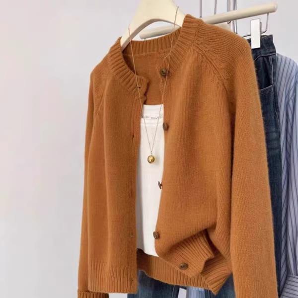 100%纯羊毛开衫女2025新款秋冬圆领针织宽松毛衣纯色羊绒短款外套