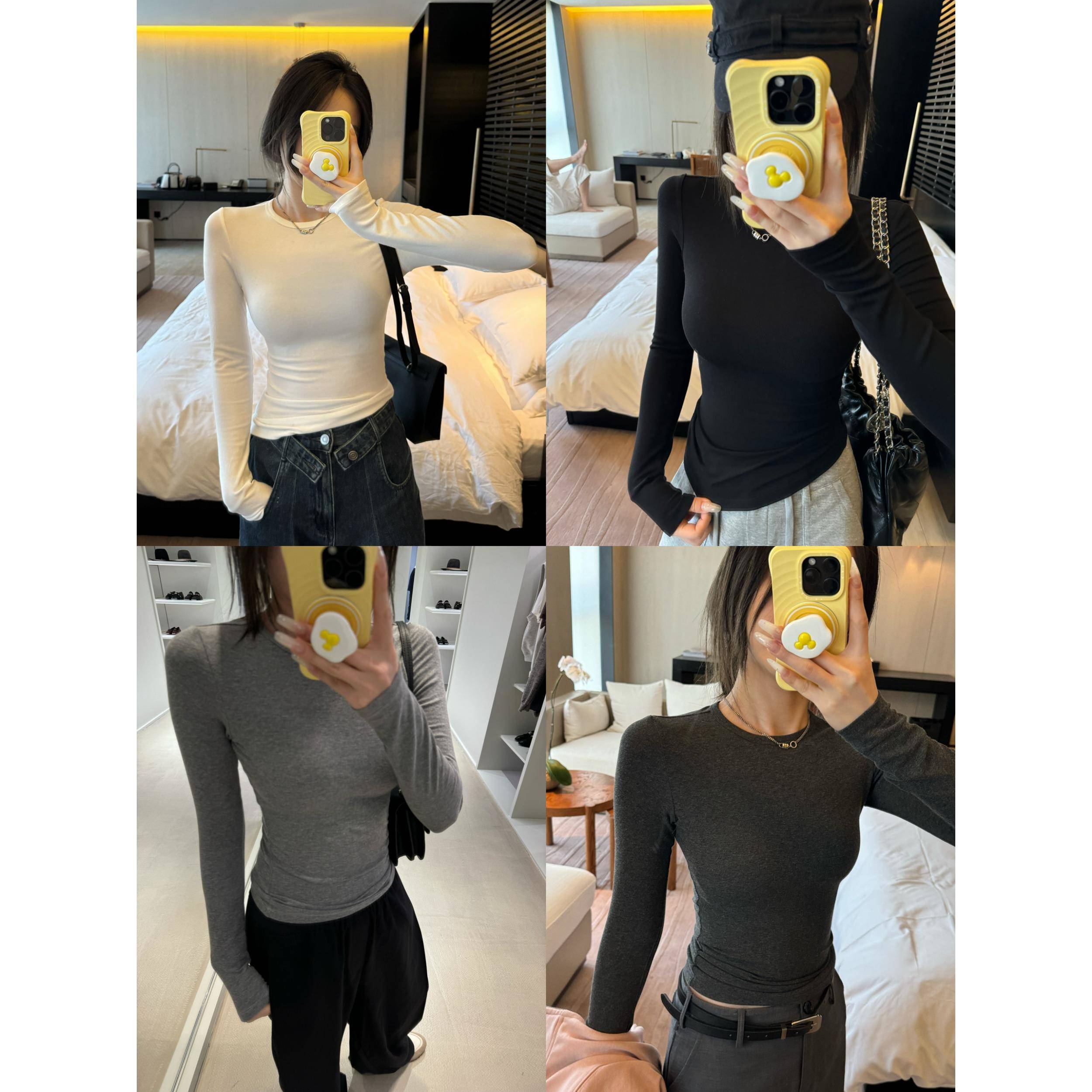 SEVEN也四色基础R0中线紧身内搭打底衫女圆领白色t恤长袖修身上衣