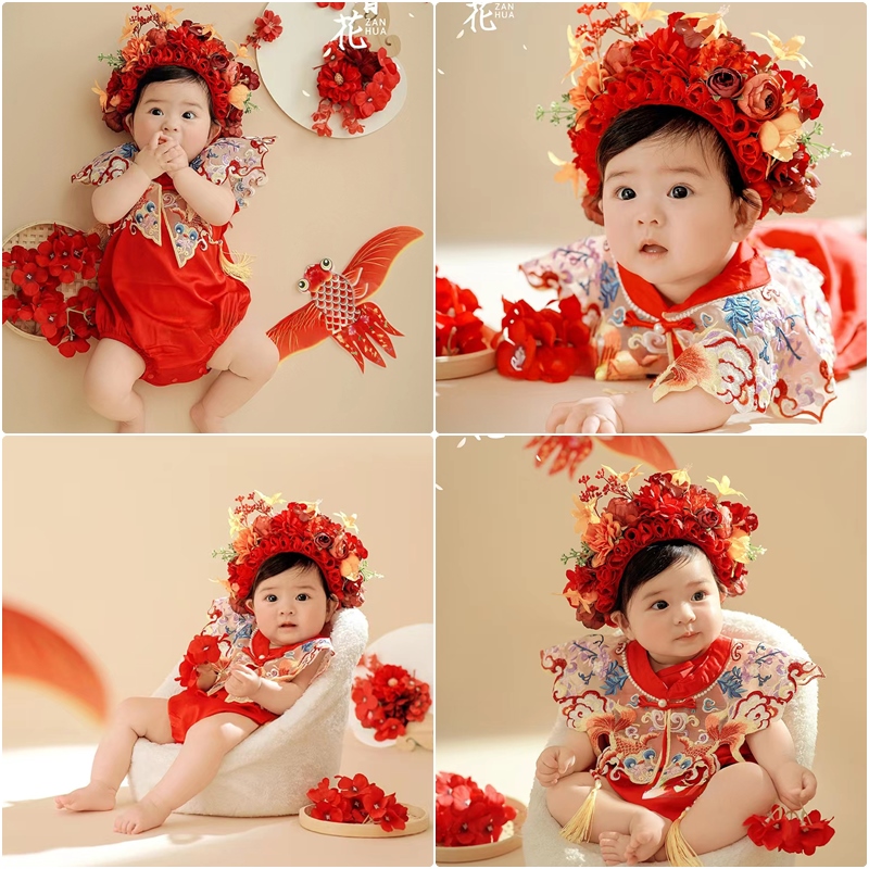 新款红色簪花头饰宝宝拍照衣服
