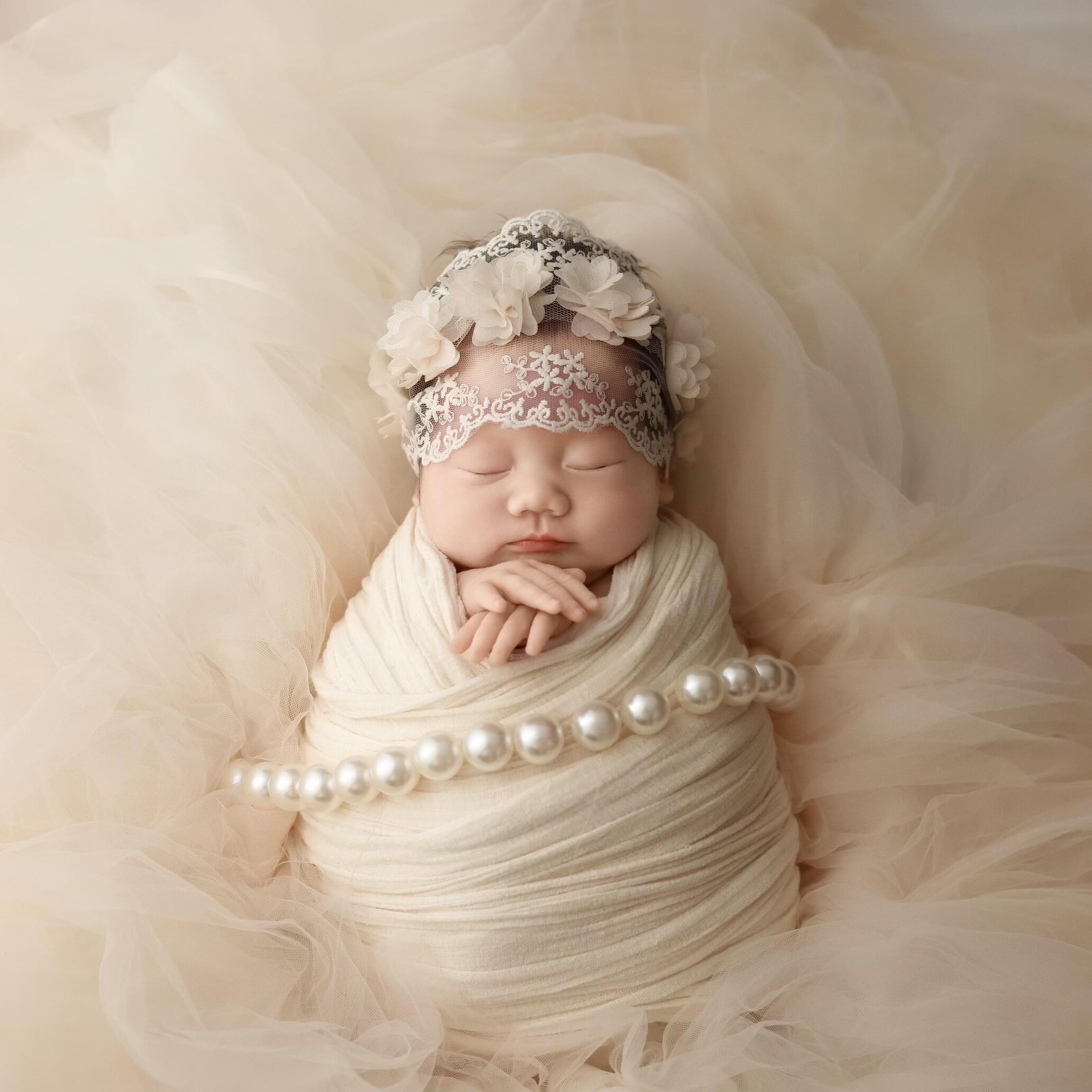 儿童摄影服装珍珠白色公主裹纱