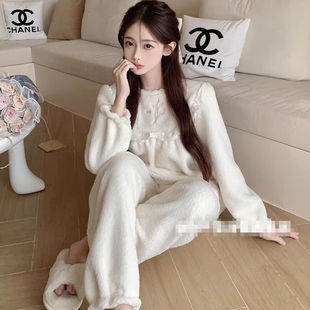 秋冬季珊瑚绒睡衣女加厚保暖可爱甜美郁金香公主风花边家居服套装