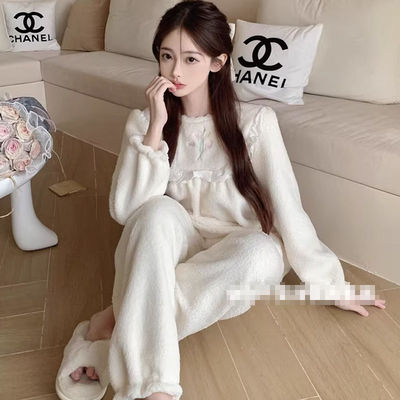 秋冬季珊瑚绒睡衣女加厚保暖可爱甜美郁金香公主风花边家居服套装