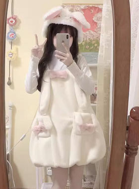 甜美毛绒绒蝴蝶结连衣裙背带
