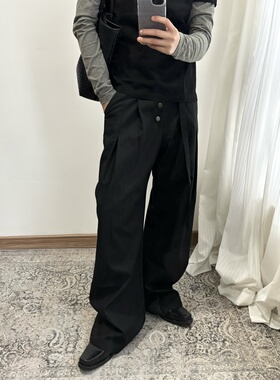 「1012H」老钱复古阔腿显瘦条纹西裤设计感排扣宽松休闲长裤男女