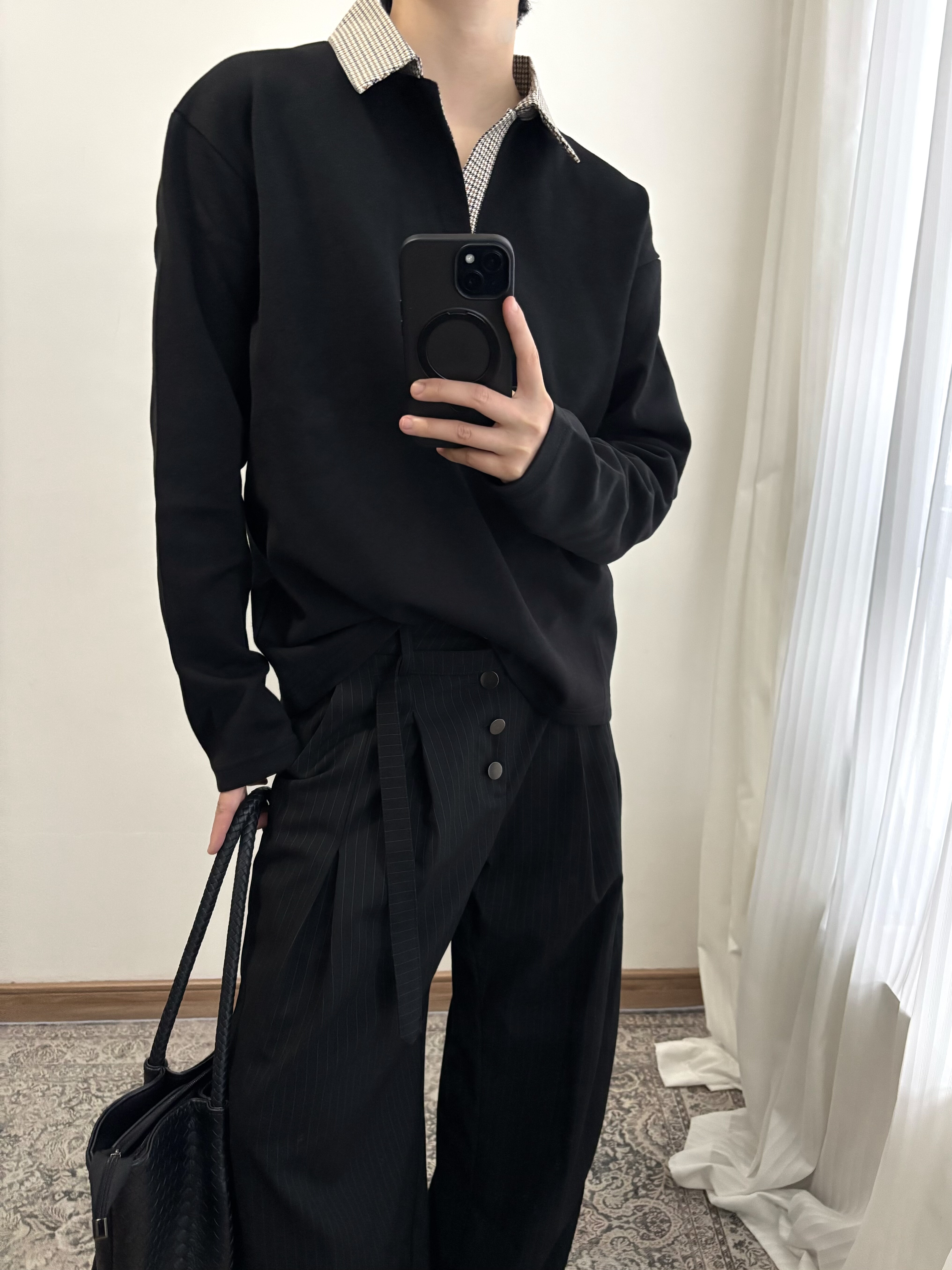 美式复古千鸟格拼接长袖T恤老钱