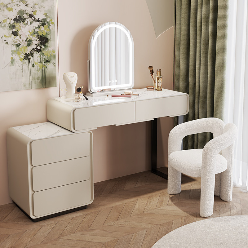 奶油风岩板实木梳妆台斗柜一体网红带灯化妆桌卧室轻奢现代简约白