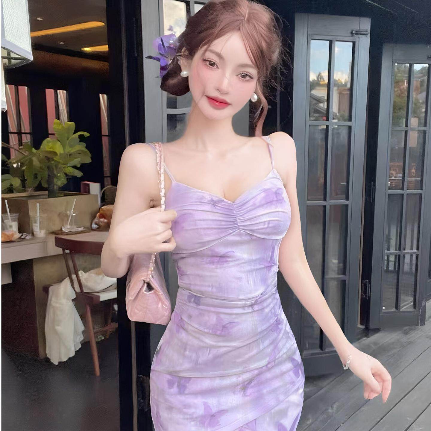 性感紧身网纱印花吊带连衣裙夜场上班衣服短裙露背不规则包臀裙子