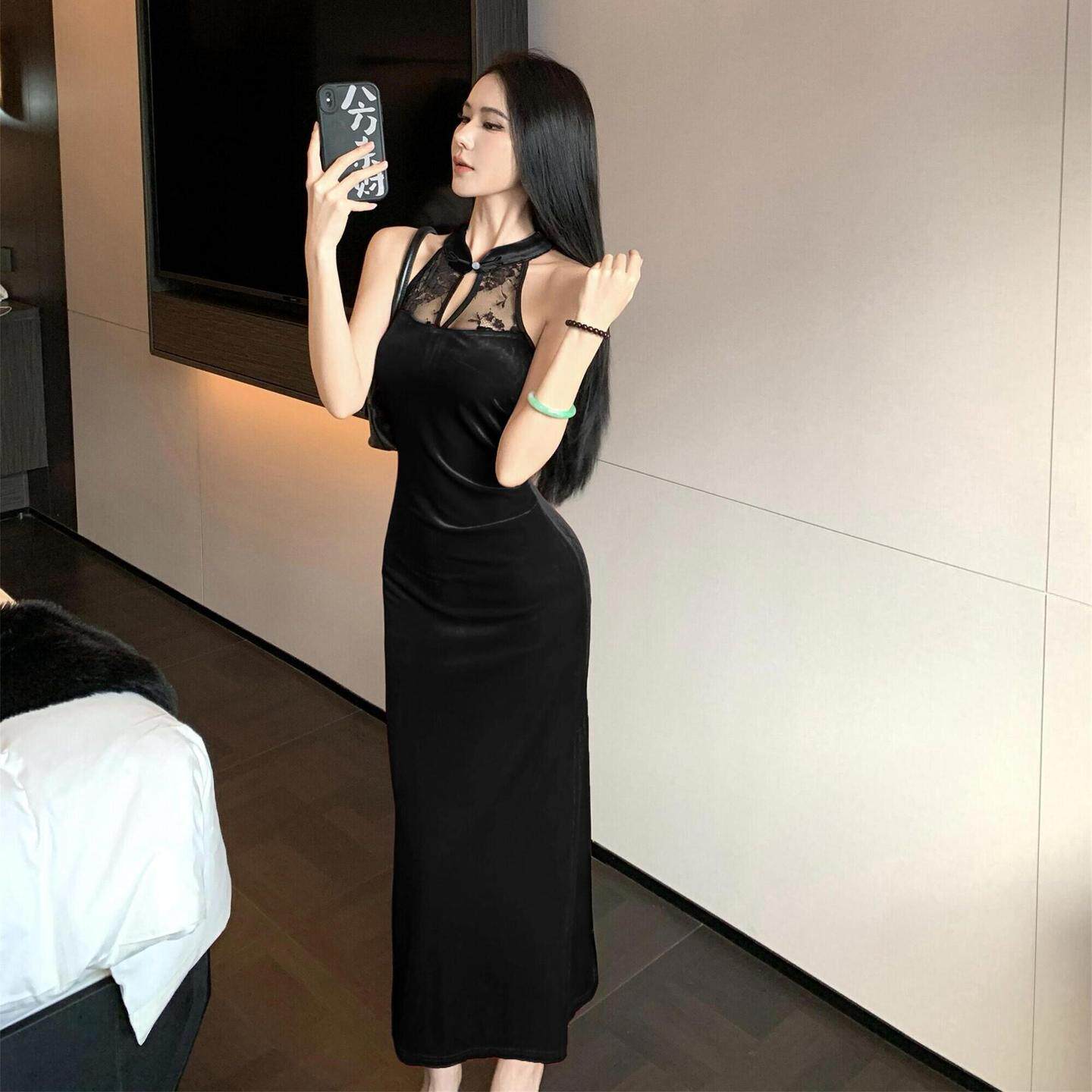 新中式改良旗袍无袖丝绒拼接连衣裙修身开叉镂空盘扣夜场技师长裙