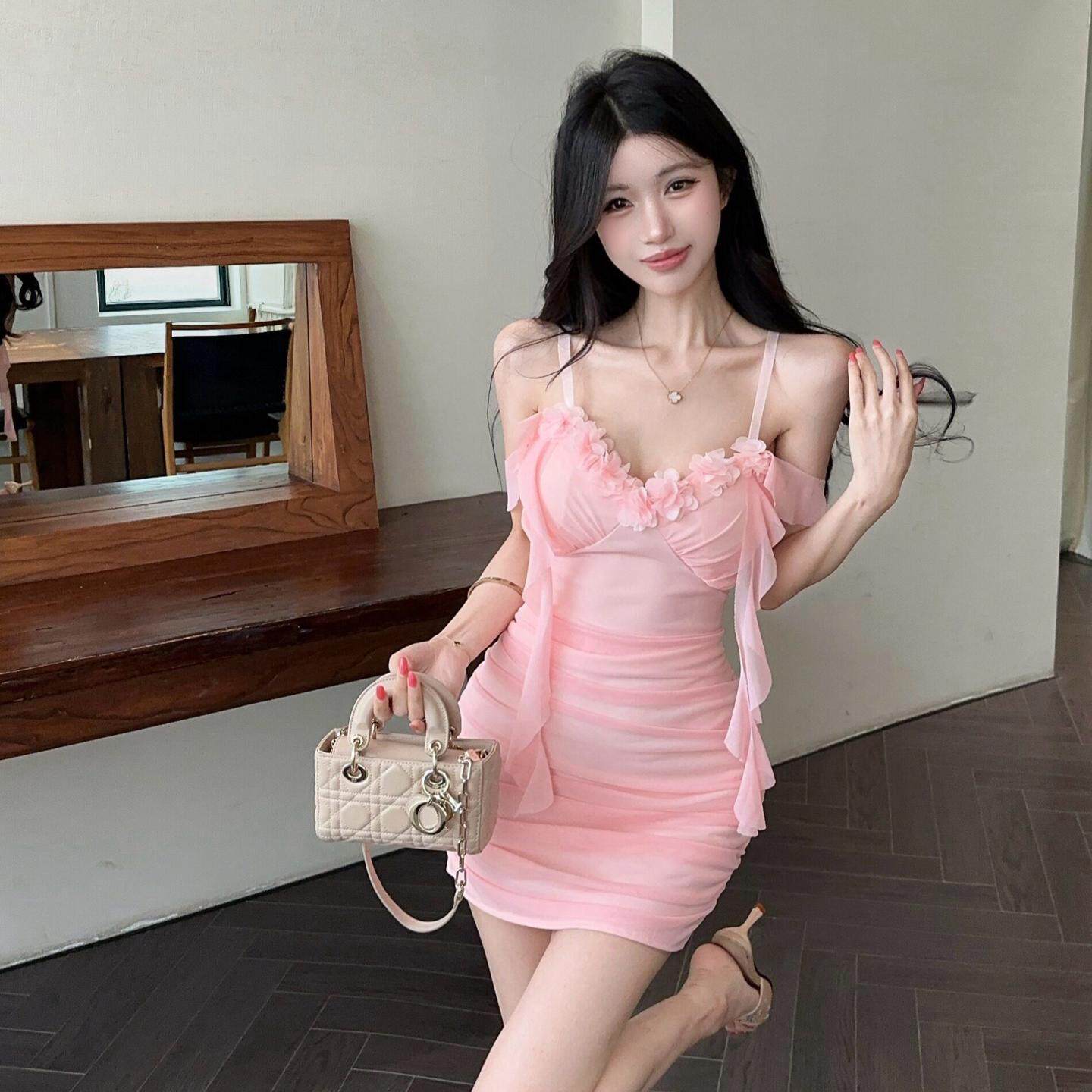 性感低胸背心连衣裙立体花朵装饰流苏拼接包臀连衣裙夜场技师工衣