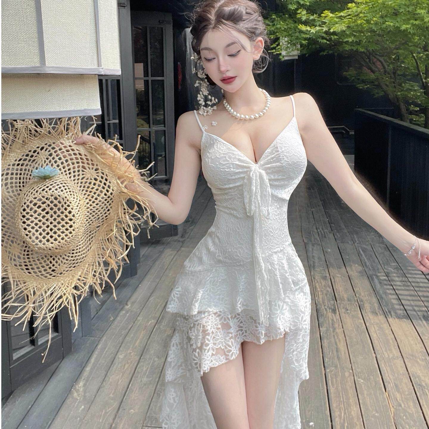 性感低胸露锁骨蕾丝吊带连衣裙长款不规则露背气质辣妹蹦迪长裙子