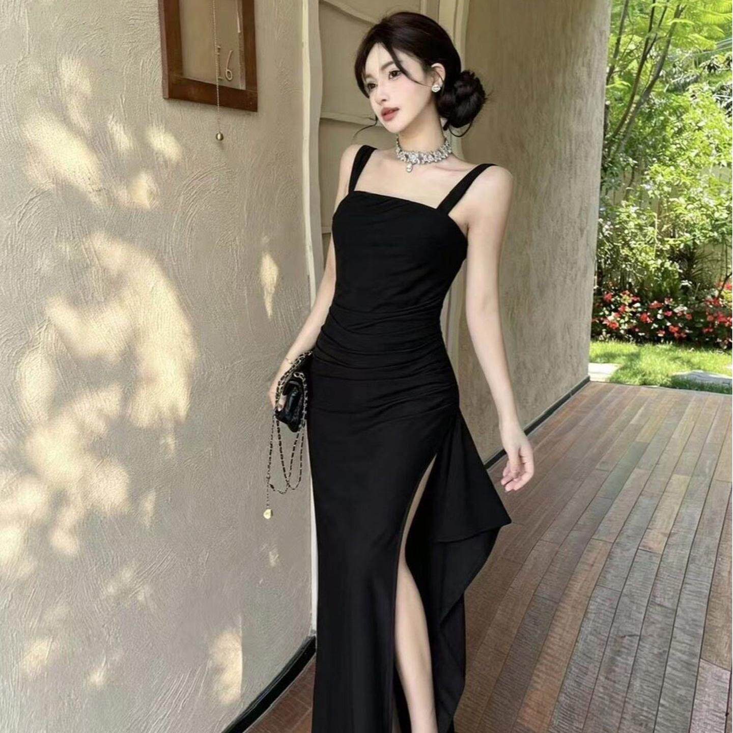 欧美风性感一字领露肩背心连衣裙新款夜总会柔式足浴桑拿技师长裙