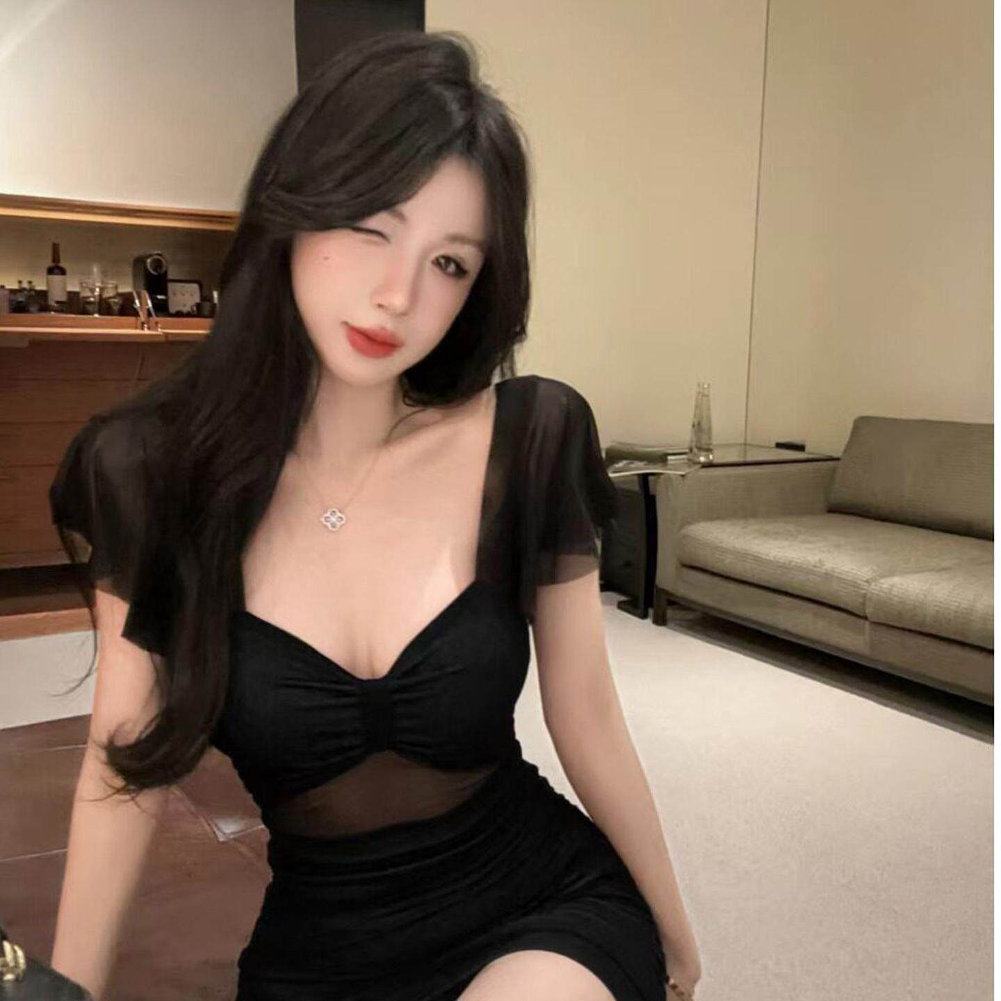 柔式足浴按摩技师工作服性感低胸网纱褶皱紧身露背包臀短袖连衣裙