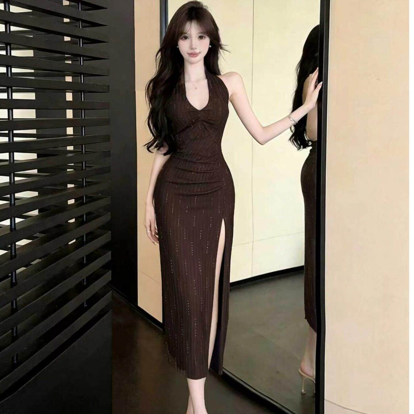 设计感气质性感礼服裙子修身抽褶开叉包臀连衣裙新款夜总会长裙子