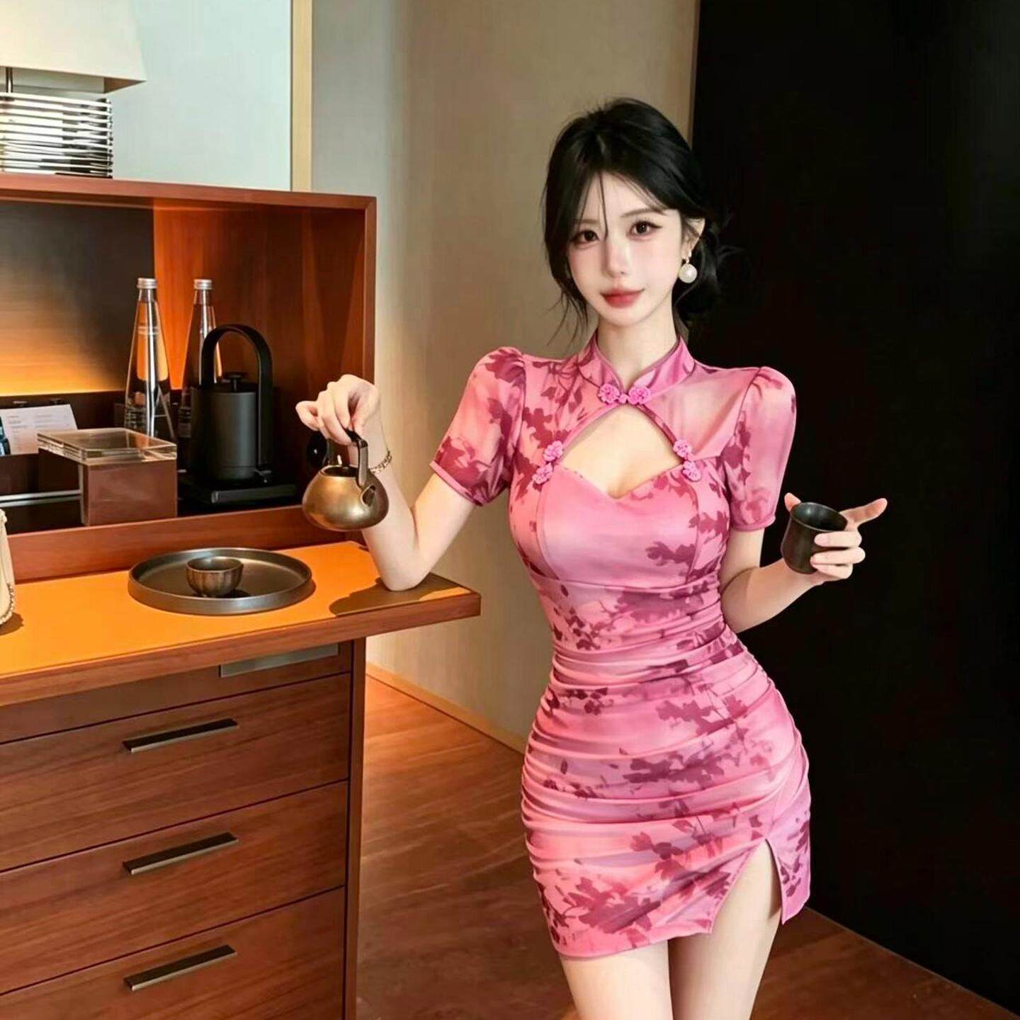 新中式改良旗袍带胸垫修身性感印花连衣裙气质紧身开叉包臀短裙子