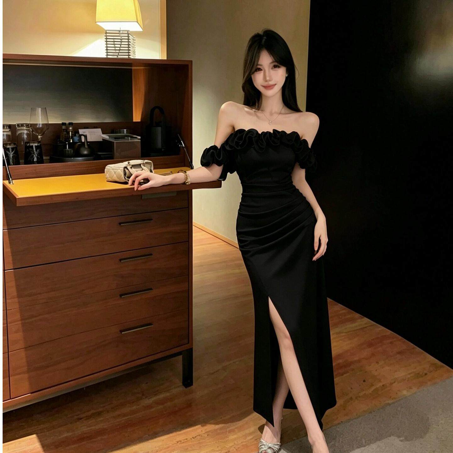 黑色晚礼服裙女轻奢小众一字肩抹胸连衣裙修身开叉立体花边长裙子
