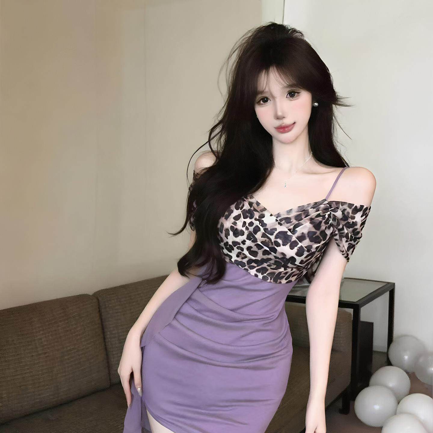 性感豹纹拼接连衣裙修身显瘦包臀裙夜总会上班衣服工作服柔式短裙