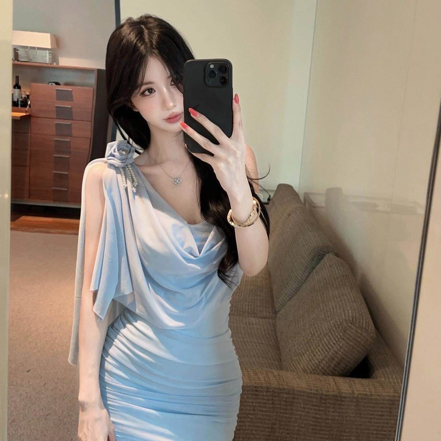 足浴桑拿技师工作服性感低胸网纱吊带连衣裙修身显瘦流苏拼接短裙