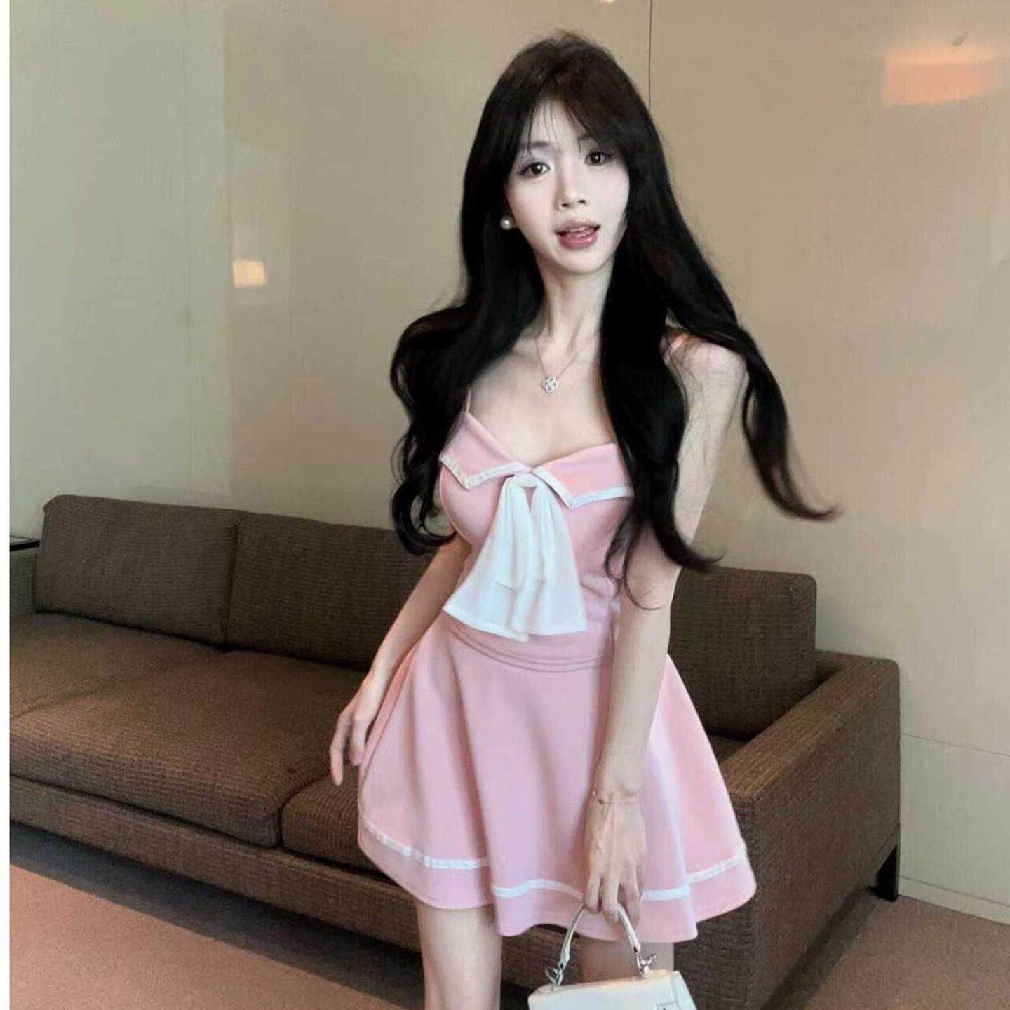 性感低胸吊带两件套女短款上衣收腰显瘦a字裙夜场女技师套装裙子