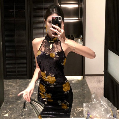 新中式改良旗袍蕾丝开叉连衣裙