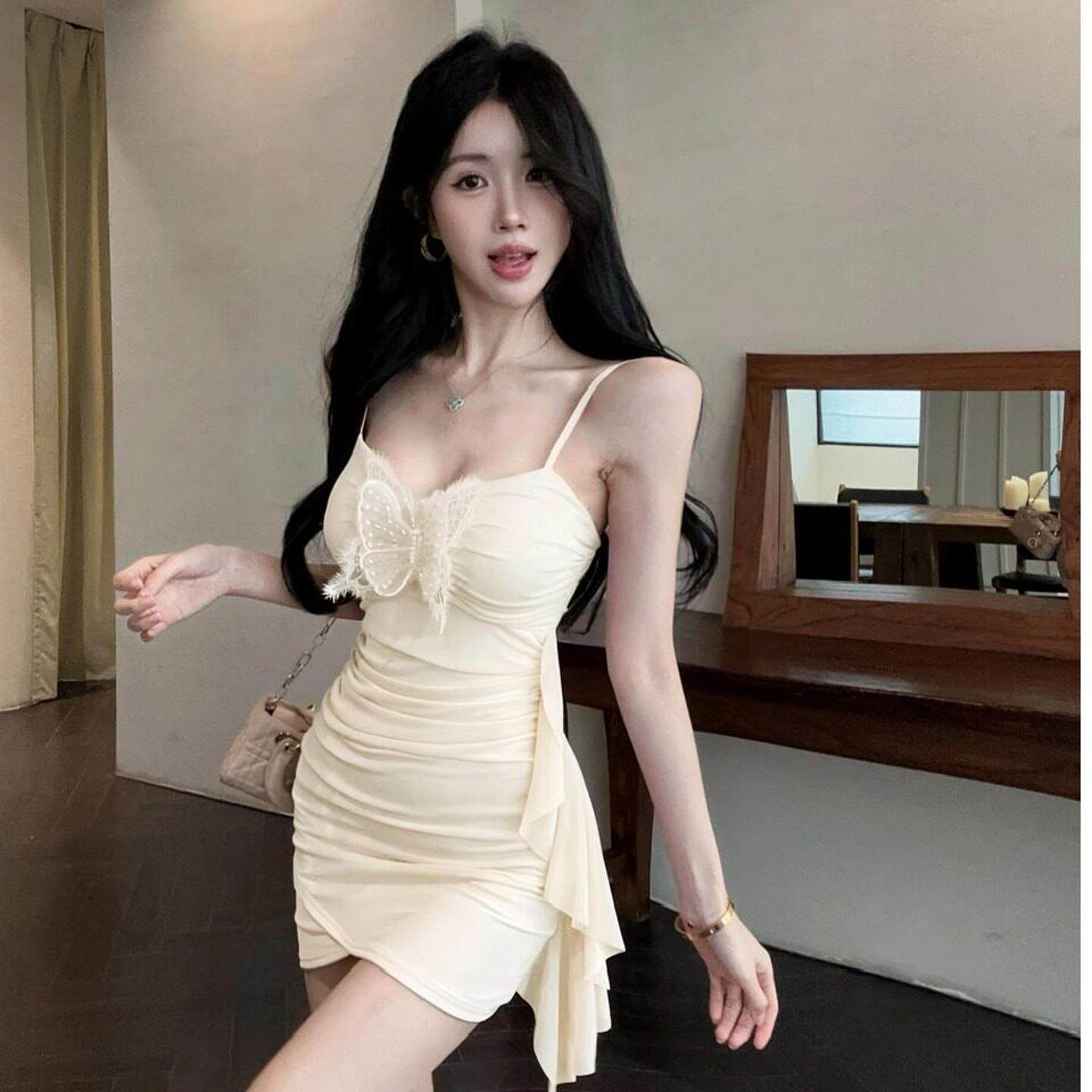 辣妹纯欲性感低胸网纱吊带连衣裙夜场约会包臀短裙足浴女技师工衣
