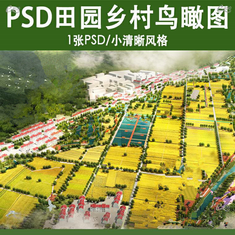 景观小清新竞赛风ps鸟瞰图psd分层素材美丽乡村田园综合体稻田地
