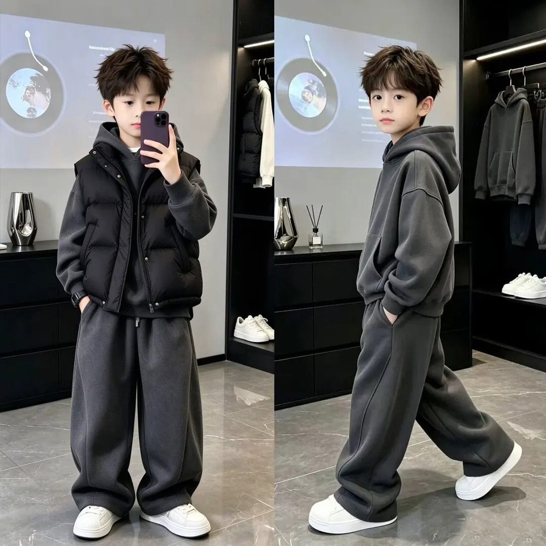 男童冬装三件套2026新款儿童加绒卫衣套装中大童马甲休闲运动秋冬