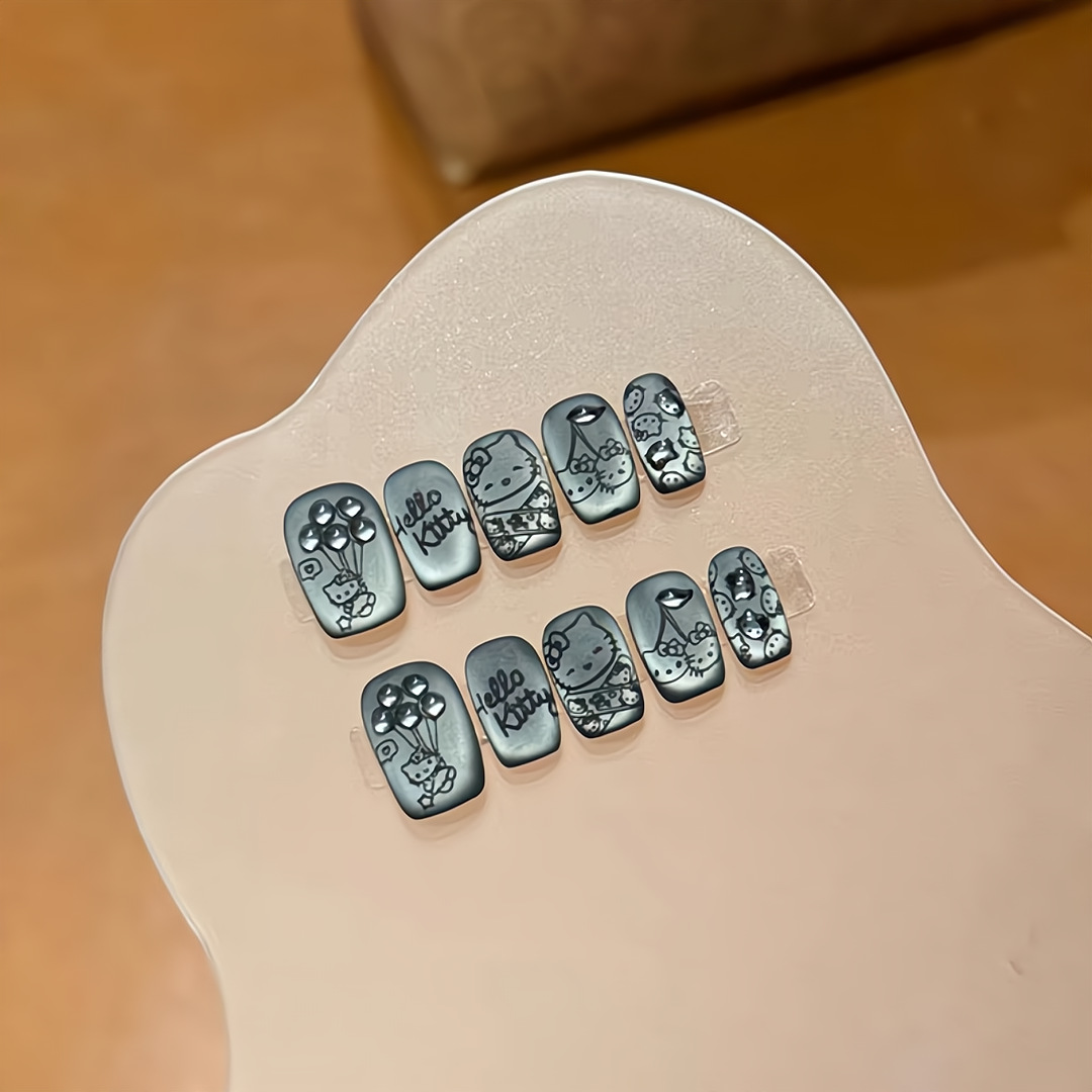 黑色磨砂高级感十足黑皮kitty猫短款猫眼手工美甲穿戴甲成品