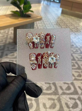 纯手工穿戴甲冬季新年暴富红色金色美甲重工手作爆闪招财