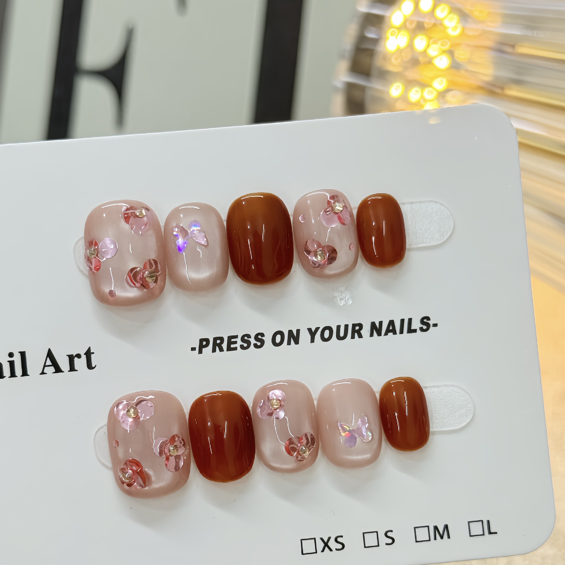 【桃花坞】纯手工穿戴甲气质显白蝴蝶结猫眼假指甲爆闪亮片指甲贴