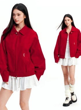 WaitingWave红色哈灵顿夹克男女同款美式简约休闲情侣外套