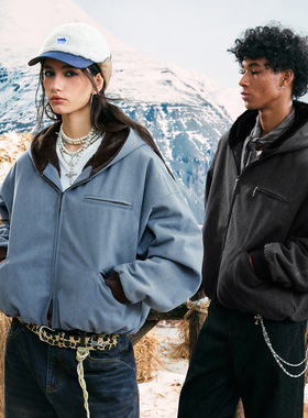 WAITINGWAVE重磅纯棉珠帆布座山雕夹克Cleanfit连帽加绒加厚外套