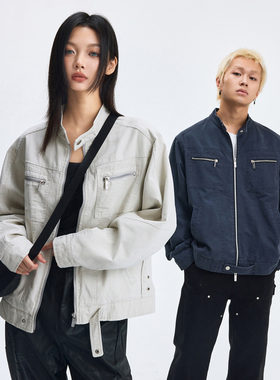 【左奇函同款】WaitingWave哈灵顿帆布夹克男美式立领工装外套女