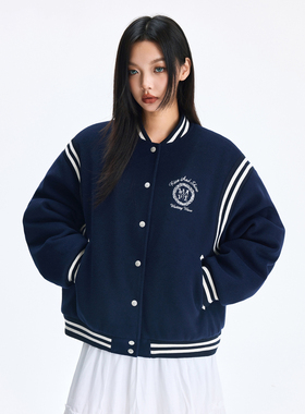 WaitingWave2024秋冬新款美式复古学院风拼接棒球服外套加棉夹克