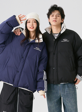 WAITINGWAVE冬季美式学院风加厚棉服运动条纹宽松面包服外套情侣