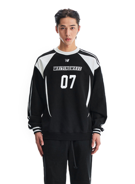 WaitingWave撞色拼接球衣卫衣男女同款美式休闲宽松圆领套头上衣