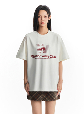 WaitingWave情侣装美式印花字母上衣女宽松圆领白色T恤短袖男款夏