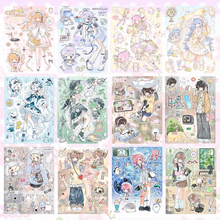5月新品栖月小町×银河 原创人物贴纸咕卡手帐贴纸a6可爱元气拼贴