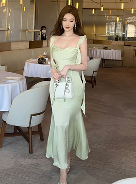 nicky 赵露丝同款仙气缎面吊带连衣裙露背飘逸氛围感鱼尾23夏显瘦