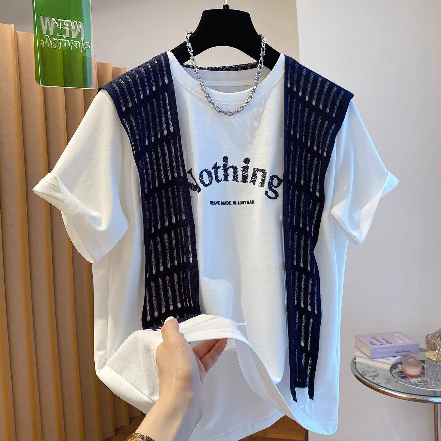 大码240斤胖妹妹披肩字母印花圆领短袖T恤女夏季新款纯棉休闲上衣