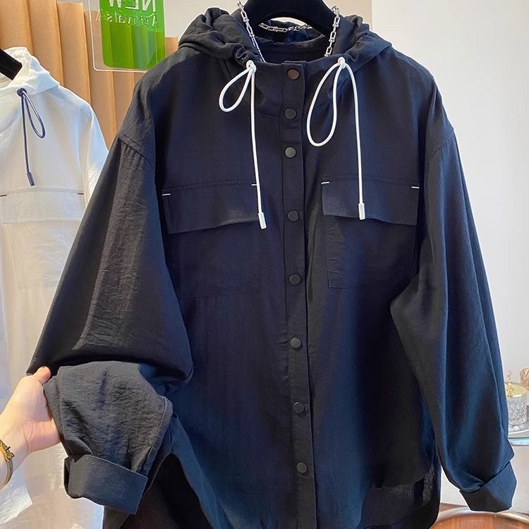 大码休闲连帽防晒服长袖衬衫外套