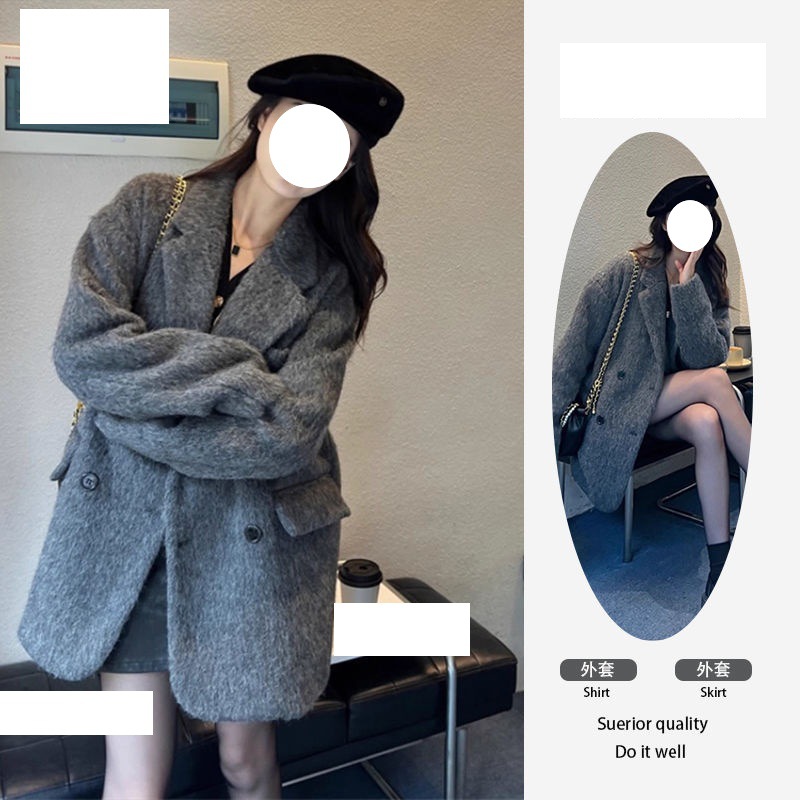 (原版质量550克)灰色西装毛呢外套女秋冬季加厚小众呢子大衣潮