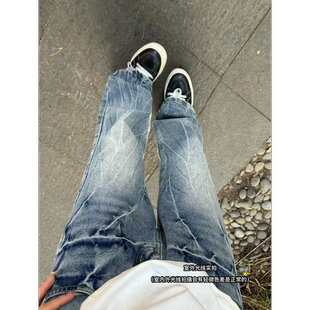 K35 秋冬季加绒美式高街闪电爆裂纹蓝色牛仔裤直筒微喇松紧裤子