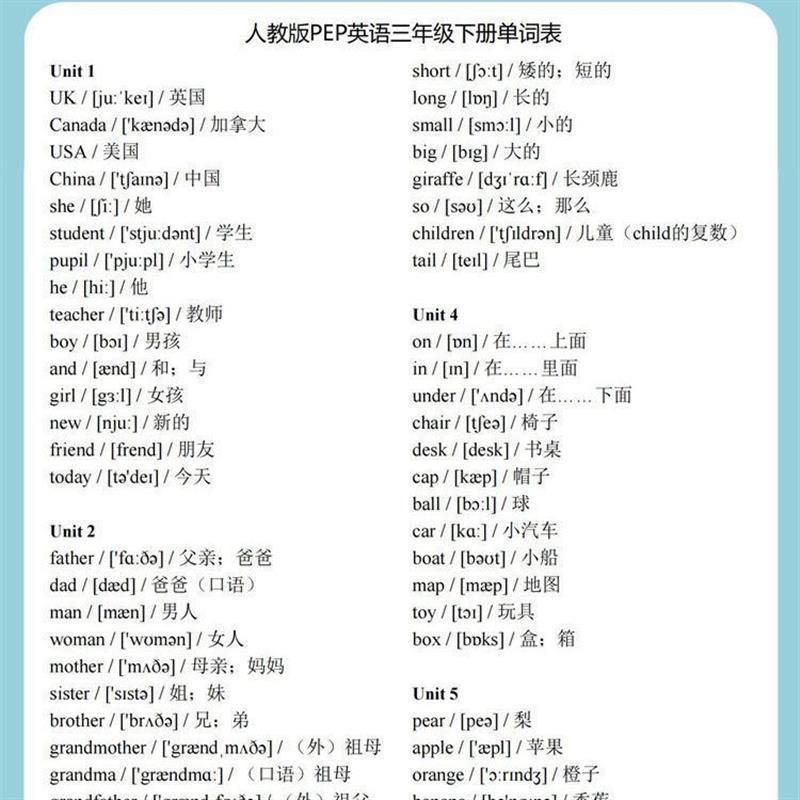 人教PEP版小学英语3-6年级上下册复习背诵含音标单词汇总表默写本