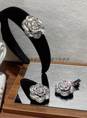 包邮~秋冬新款赫本风简约黑色植绒水钻玫瑰花鸭嘴夹BB夹发箍小众