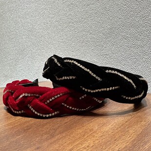 轻奢小姐姐款~新款布灵水钻链条发箍红色黑色丝绒布麻花编织头扣