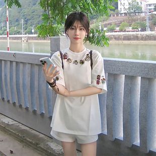 休闲ins卡通字母刺绣藏青半袖 美式 夏季 100%纯棉T恤短袖 上衣 男女款
