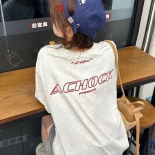 上衣 美式 复古潮牌字母刺绣宽松短袖 T恤女夏季 oversize慵懒风半袖
