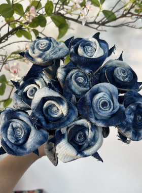 创意手工牛仔扎染玫瑰花插花摆件居家办公室装饰女生生日礼物礼品