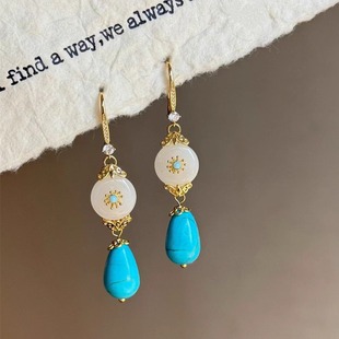 新中式 民族风松石耳饰显脸瘦女 中国风耳环汉服耳坠复古风超仙长款