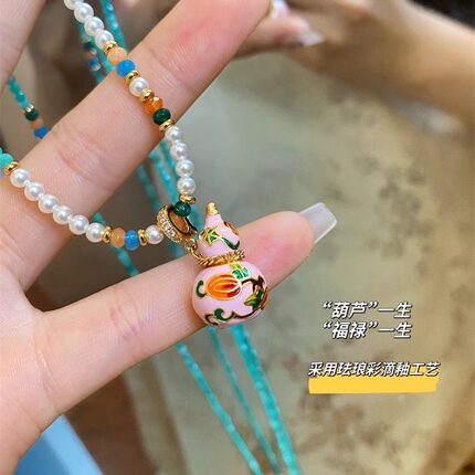 原创珐琅彩天然石串珠锁骨链葫芦项链新中式珍珠毛衣链国风长链子